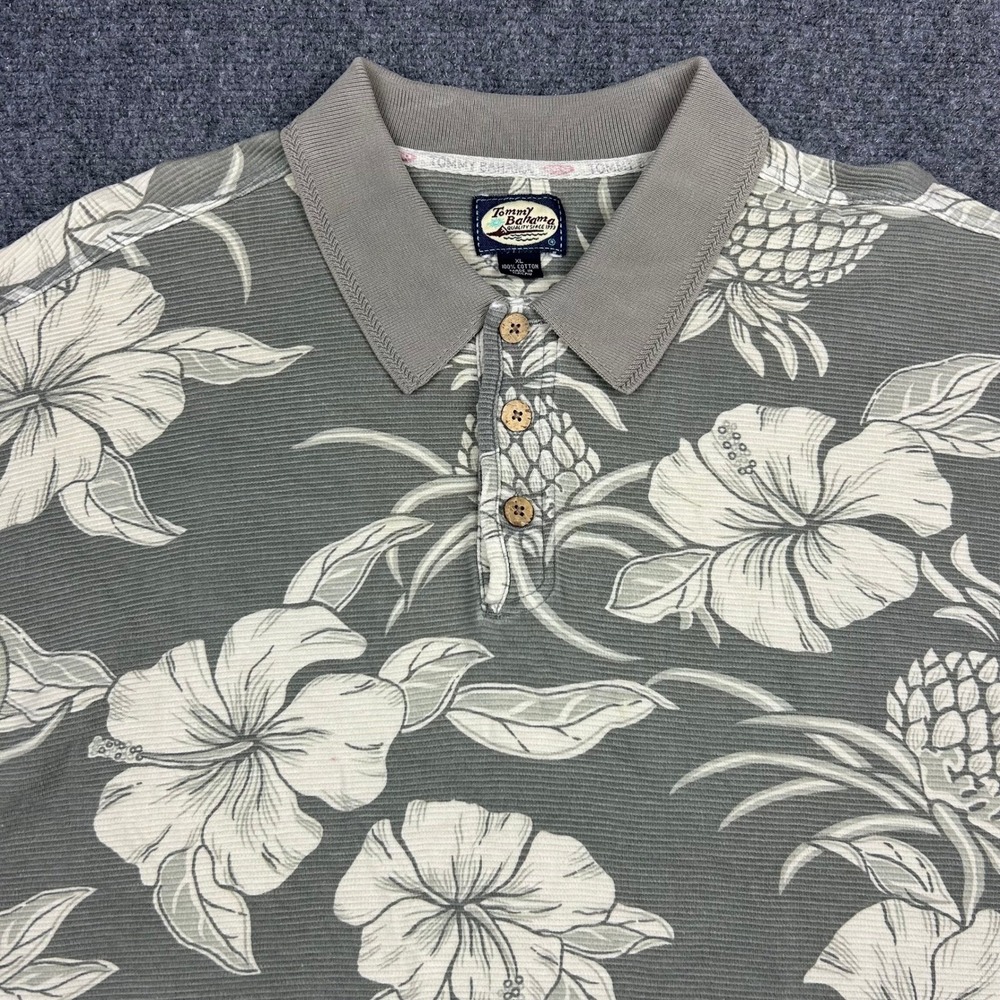Tommy Bahama Polo Shirt Men XL Grey Tropical Pineapple Ribbed Island Vtg 90s Y2K